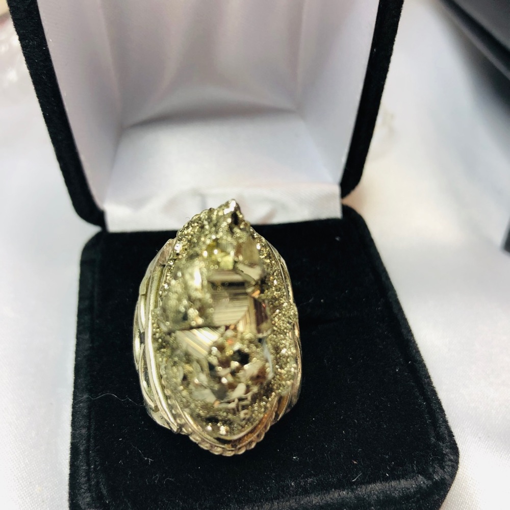 Pyrite, german silver and bronze ring.